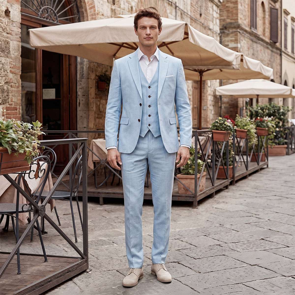 Tailored Fit Single Breasted Two-buttons 3 Pieces Solid Colored Men's Wedding Suits As Picture