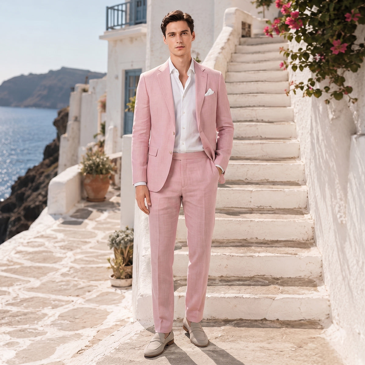 Tailored Fit Single Breasted Two-buttons 2 Pieces Solid Colored Men's Wedding Suits As Picture