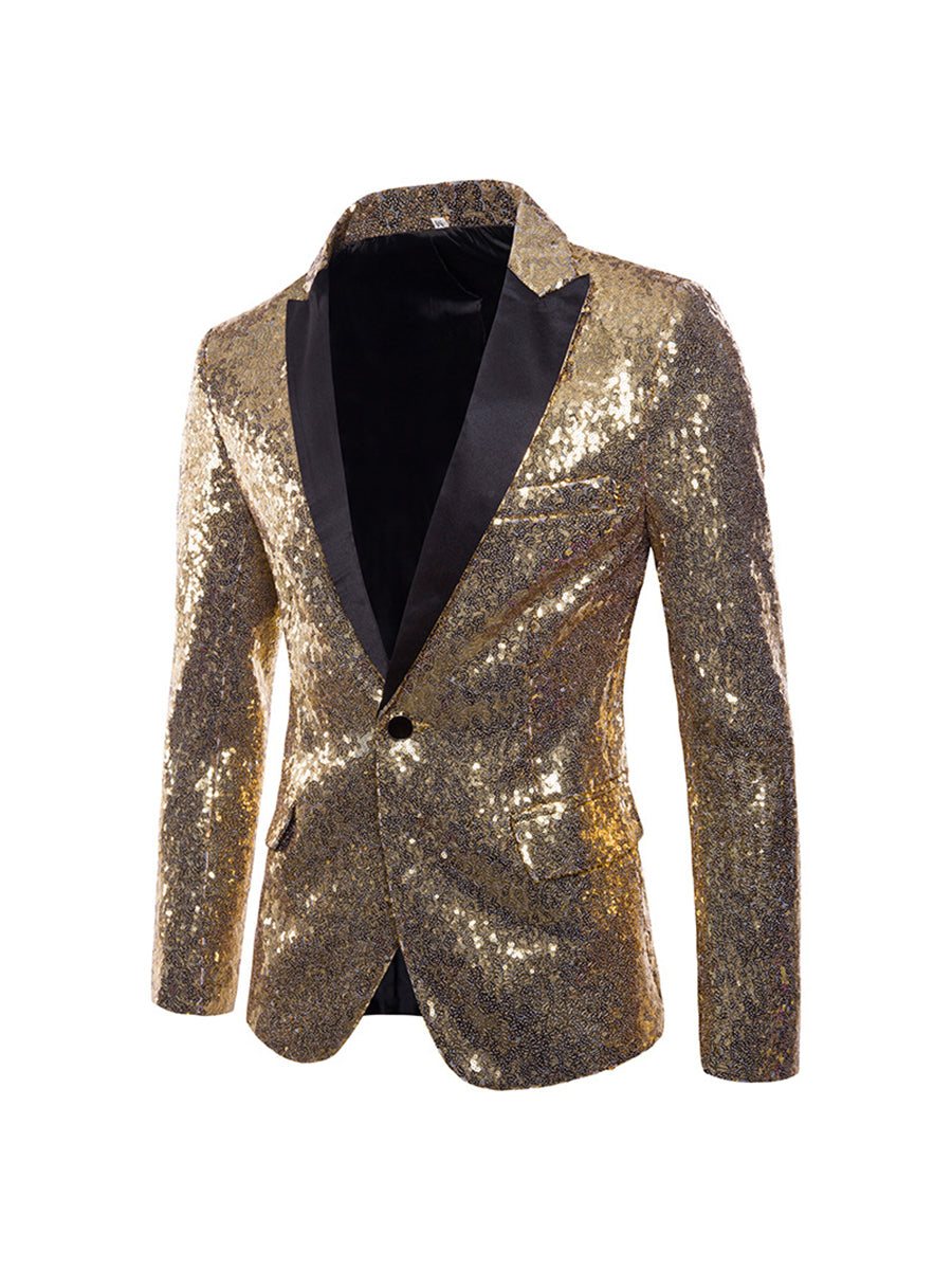 Men's Tailored Fit Gold Single Breasted One-Button Sequins Party Jacket Gold