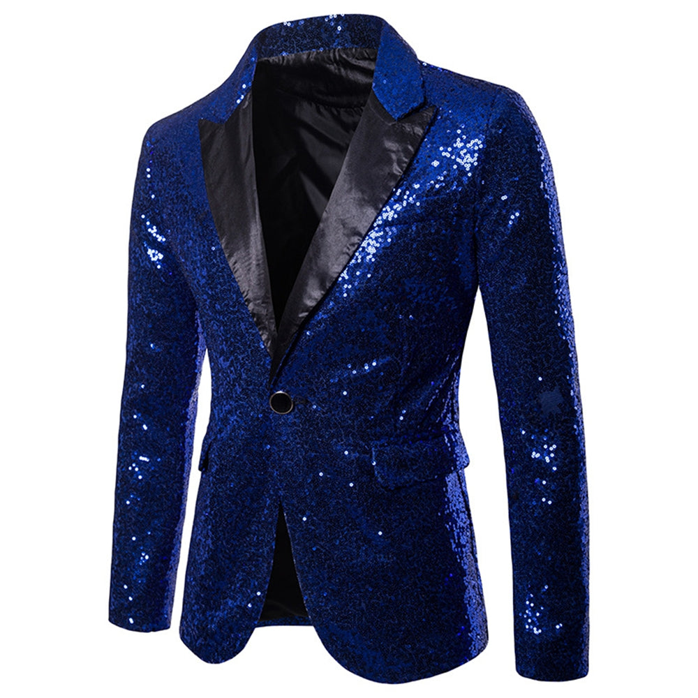 Men's Tailored Fit Gold Single Breasted One-Button Sequins Party Jacket Blue