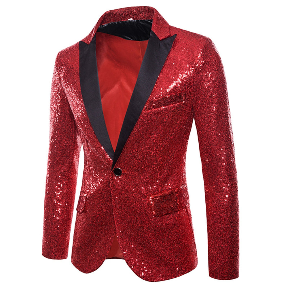 Men's Tailored Fit Gold Single Breasted One-Button Sequins Party Jacket Red