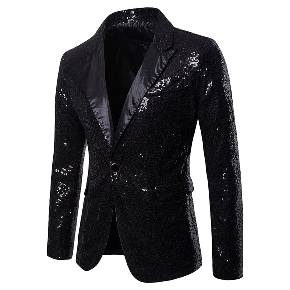 Men's Tailored Fit Gold Single Breasted One-Button Sequins Party Jacket Black