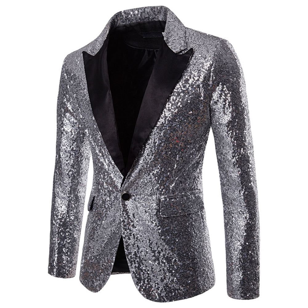 Men's Tailored Fit Gold Single Breasted One-Button Sequins Party Jacket Silver