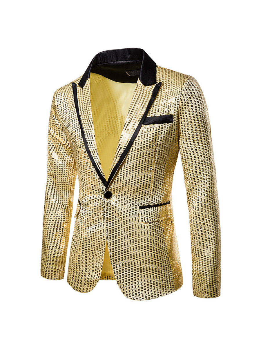 Men's Tailored Fit Gold Single Breasted One-Button Sequin Party Jacket Gold