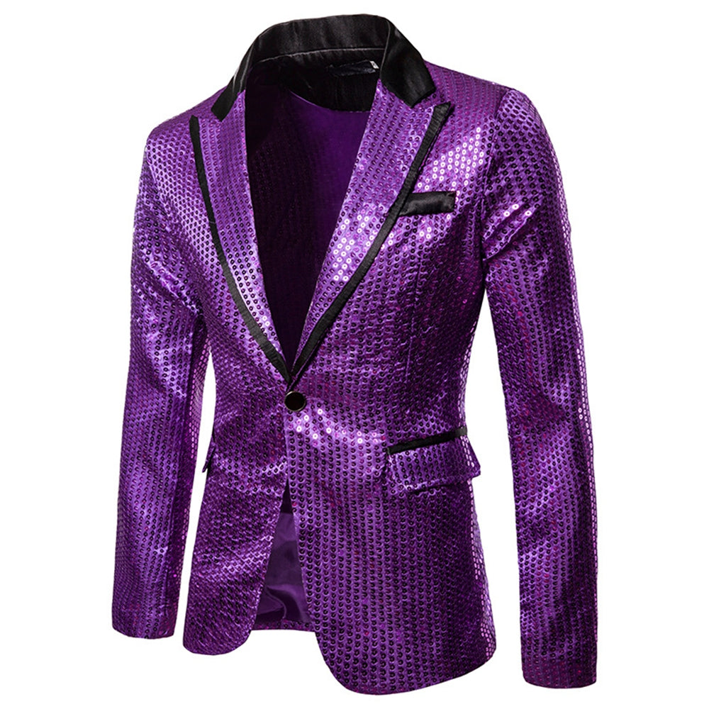 Men's Tailored Fit Gold Single Breasted One-Button Sequin Party Jacket Purple