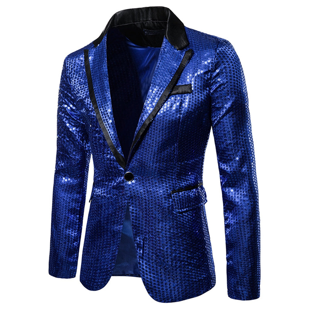 Men's Tailored Fit Gold Single Breasted One-Button Sequin Party Jacket Blue