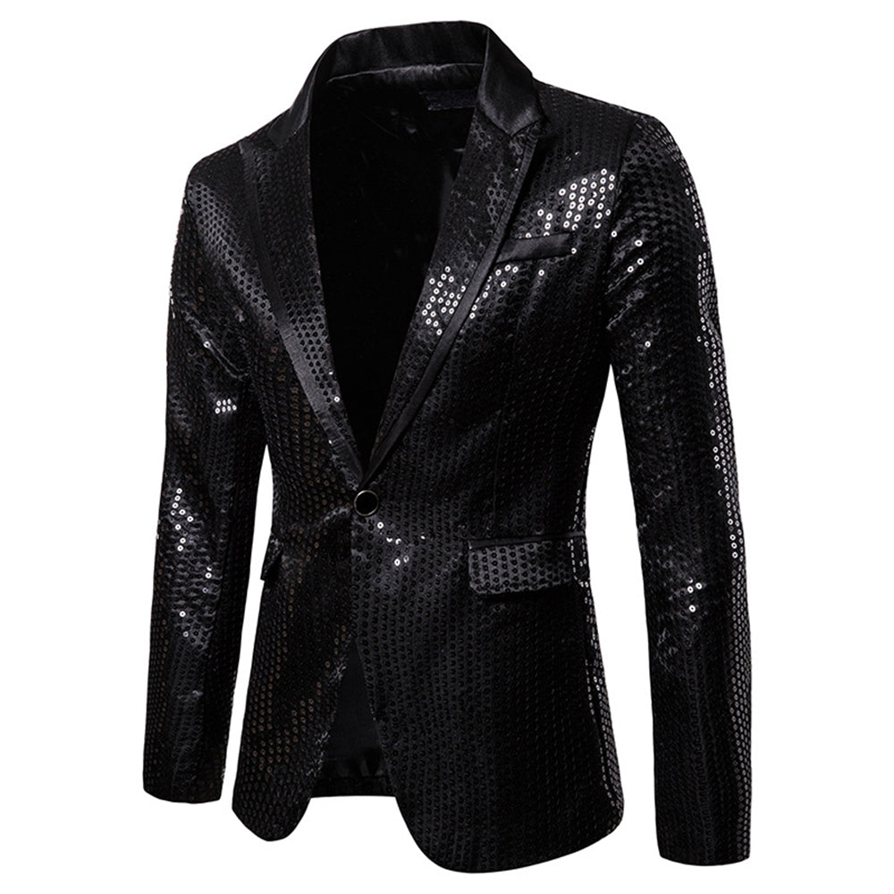 Men's Tailored Fit Gold Single Breasted One-Button Sequin Party Jacket Black