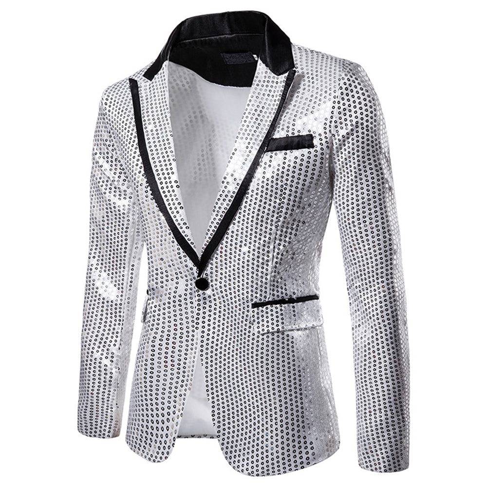 Men's Tailored Fit Gold Single Breasted One-Button Sequin Party Jacket Silver