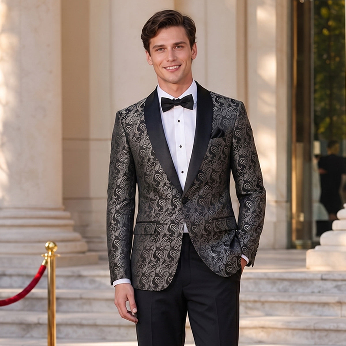 Men's Tailored Fit Single Breasted One-Button Printed Party Jacket Black Gold