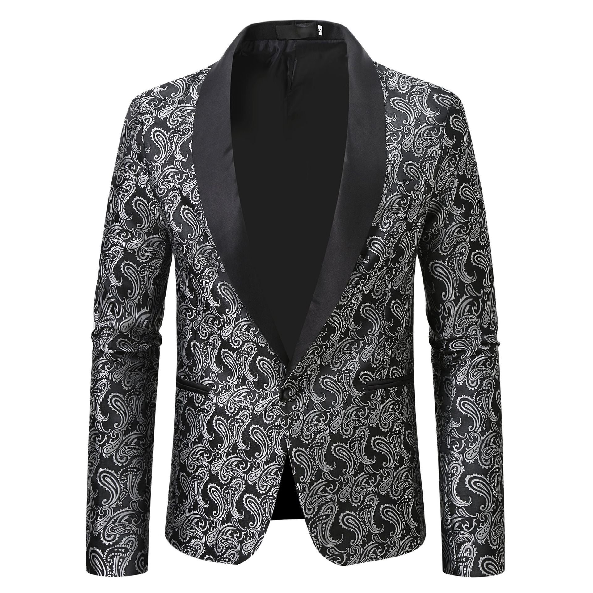 Men's Tailored Fit Single Breasted One-Button Printed Party Jacket Black Silver