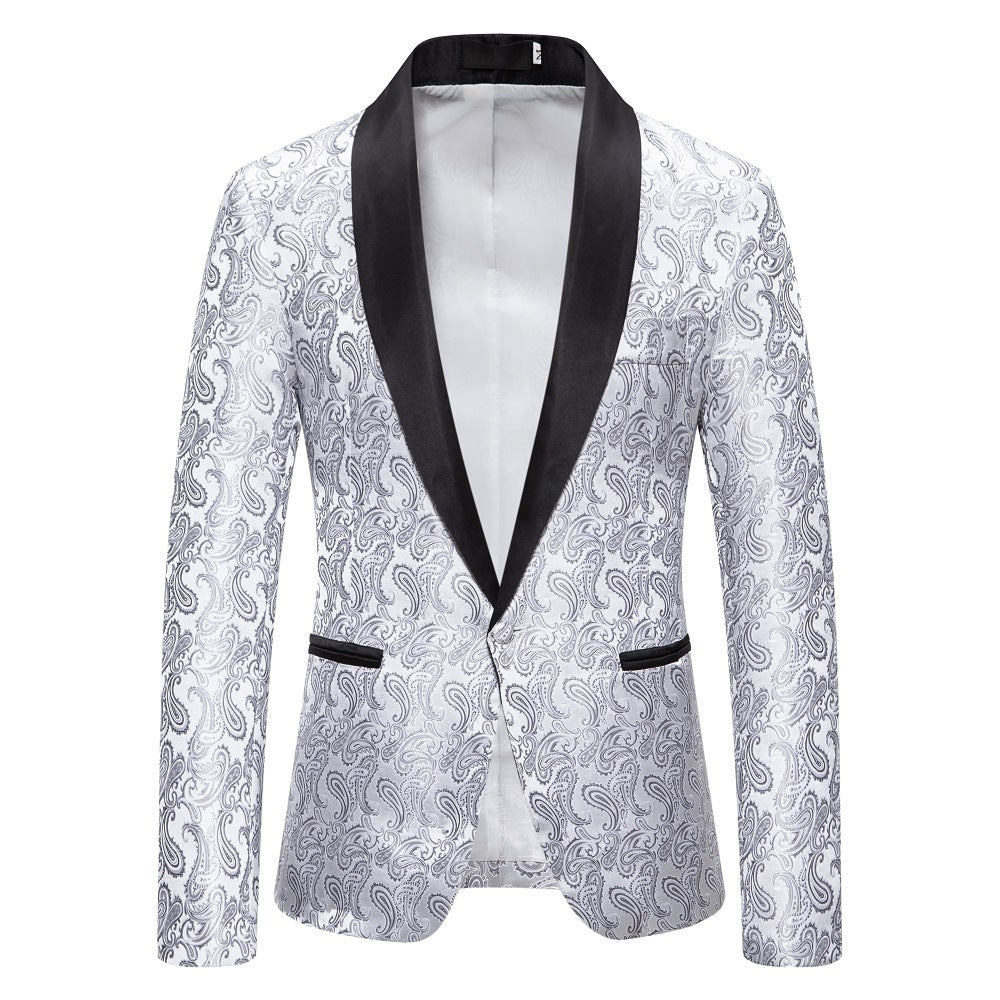 Men's Tailored Fit Single Breasted One-Button Printed Party Jacket White Silver