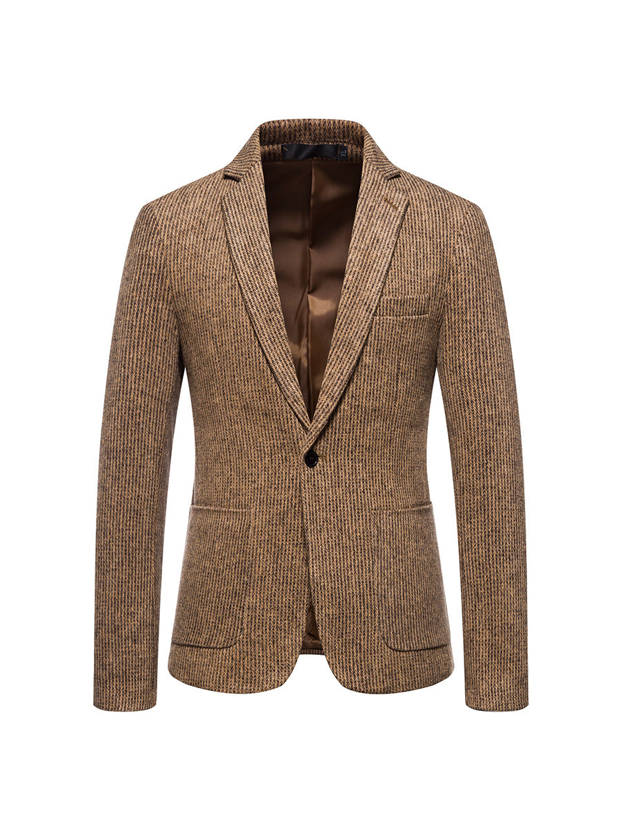 Tailored Fit Single Breasted One-Button Striped Men's Party Jacket khaki