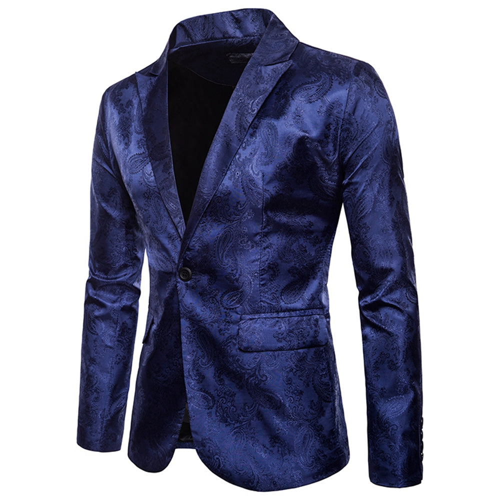 Men's Tailored Fit Single Breasted One-Button Printed Party Jacket Navy Blue