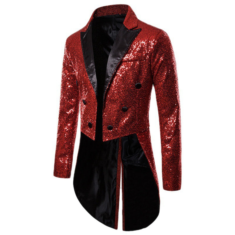 Tailored Fit Single Breasted Six-Button Sequin Colored Men's Party Jacket Red