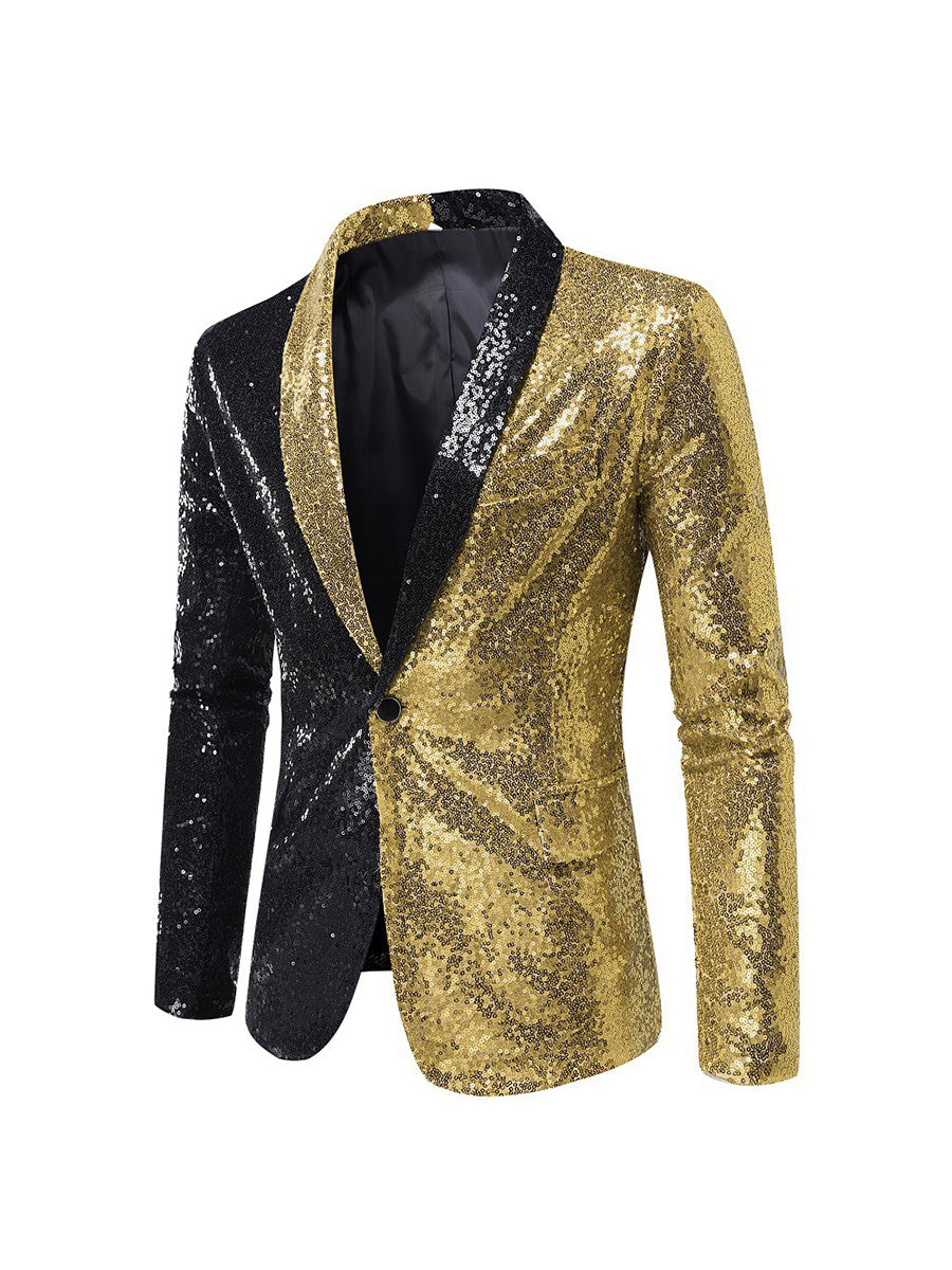 Tailored Fit Single Breasted One-Button Sequin Men's Party Jacket Gold