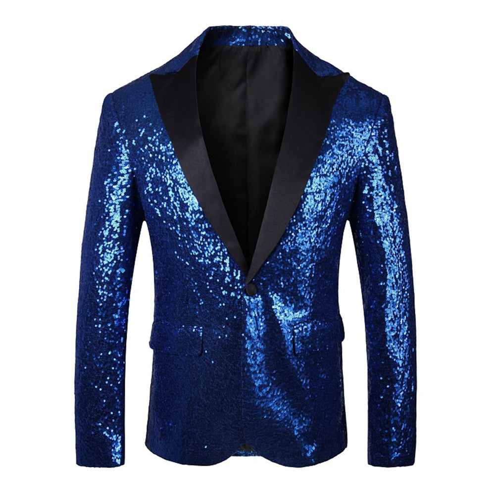 Tailored Fit Single Breasted One-Button Sequin Men's Party Jacket Blue