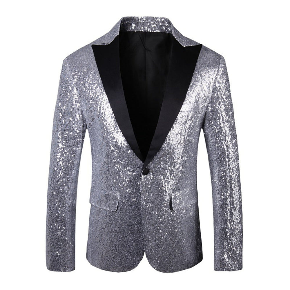 Tailored Fit Single Breasted One-Button Sequin Men's Party Jacket Silver