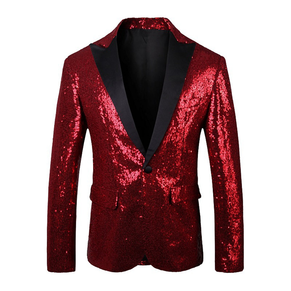 Tailored Fit Single Breasted One-Button Sequin Men's Party Jacket Red