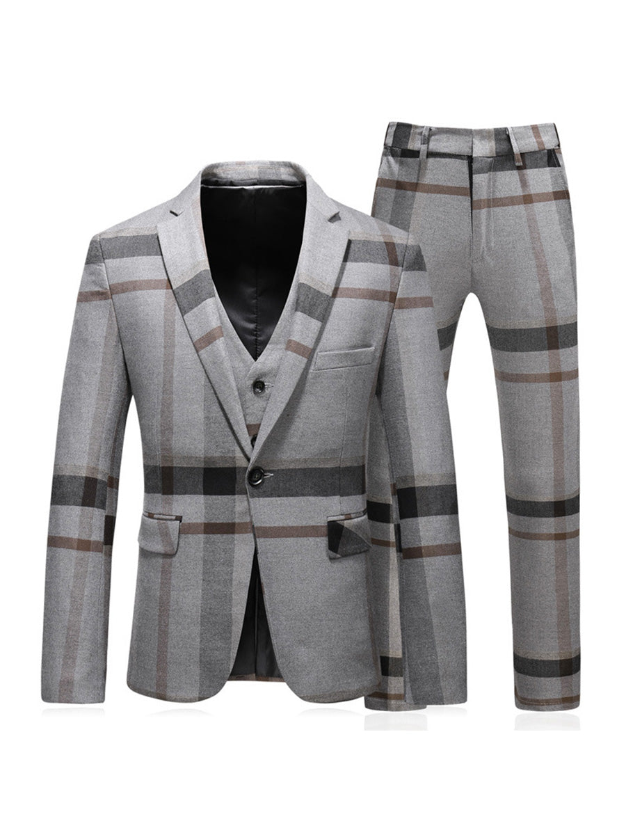 Tailored Fit Notched Lapel Single Breasted One-button 3 Pieces Patterned Men's Wedding Suits Gray