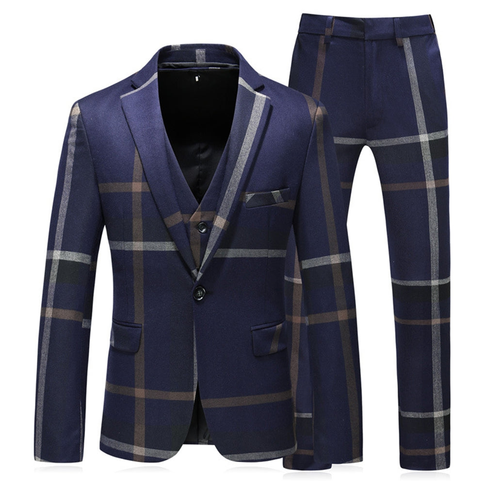 Tailored Fit Notched Lapel Single Breasted One-button 3 Pieces Patterned Men's Wedding Suits Blue