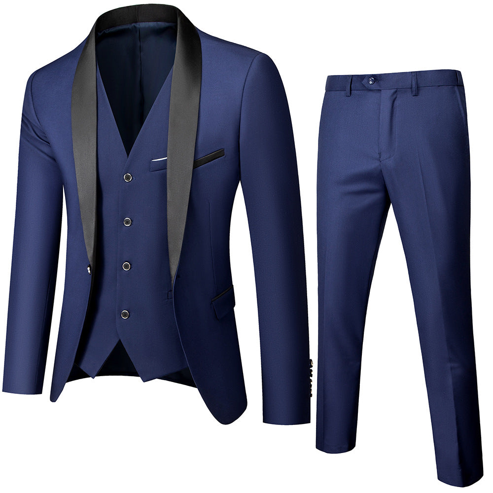 Tailored Fit Shawl Lapel Single Breasted One-button 3 Pieces Patterned Men's Wedding Suits Navy Blue
