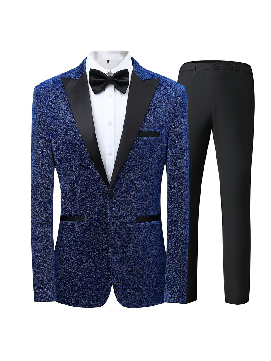 Tailored Fit Peaked Lapel Single Breasted One-button 3 Pieces Patterned Men's Wedding Suits Blue