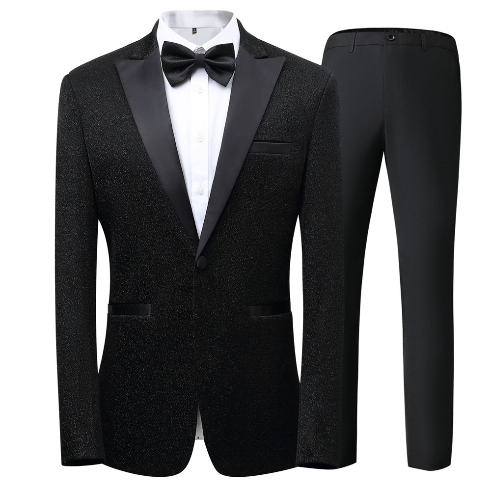 Tailored Fit Peaked Lapel Single Breasted One-button 3 Pieces Patterned Men's Wedding Suits Black