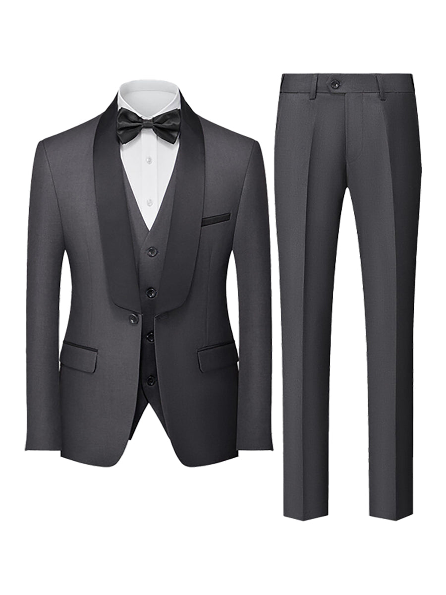 Tailored Fit Shawl Lapel Single Breasted One-button 3 Pieces Solid Colored Men's Suits Dark Gray