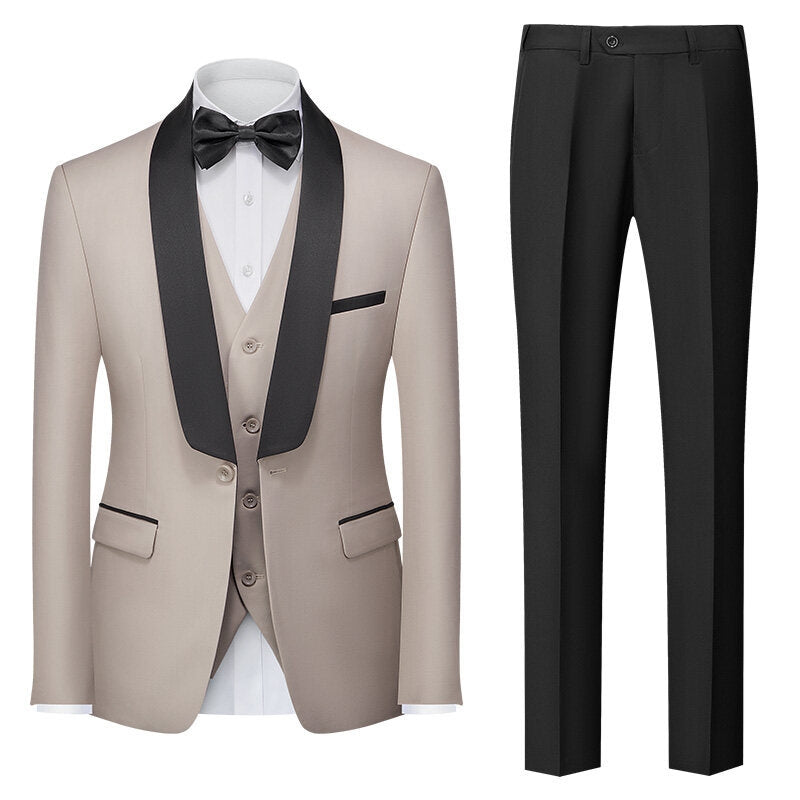 Tailored Fit Shawl Lapel Single Breasted One-button 3 Pieces Solid Colored Men's Suits Beige