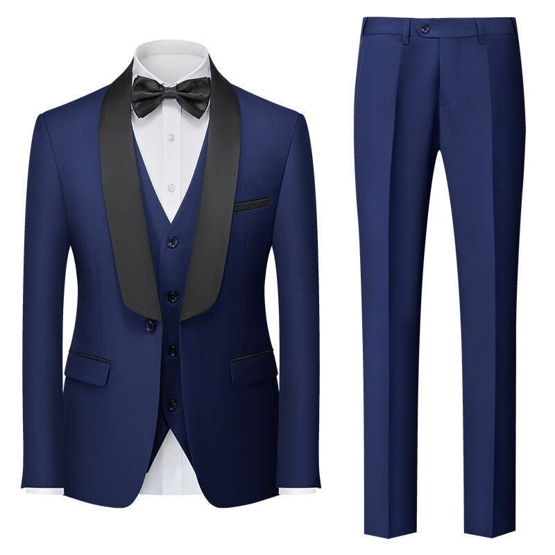 Tailored Fit Shawl Lapel Single Breasted One-button 3 Pieces Solid Colored Men's Suits Navy Blue