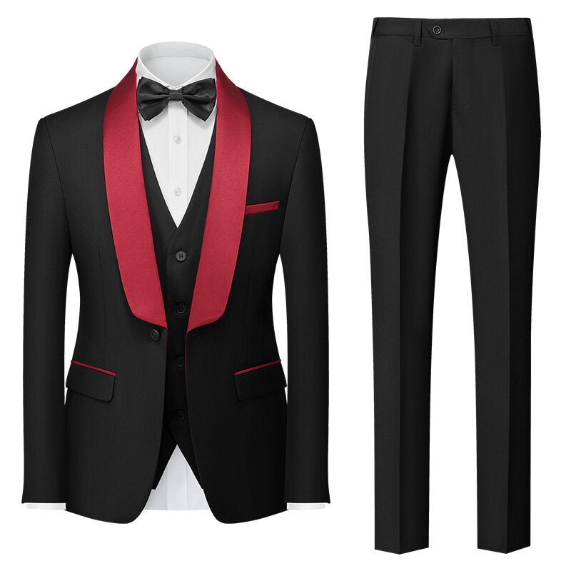 Tailored Fit Shawl Lapel Single Breasted One-button 3 Pieces Solid Colored Men's Suits Red Collar
