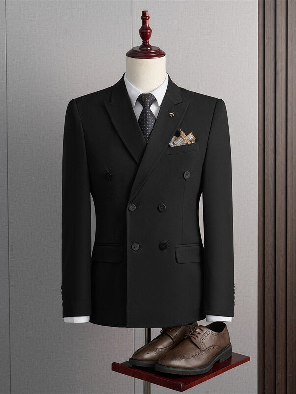 Tailored Fit Peak Lapel Double Breasted Four-Buttons Solid Colored Men's Formal Jacket Black