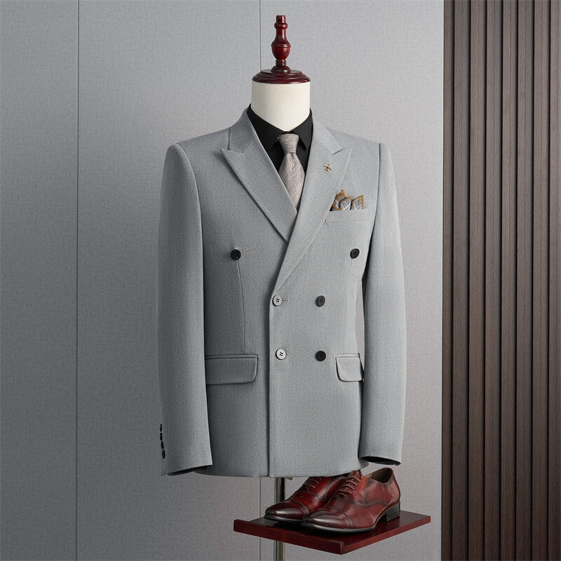 Tailored Fit Peak Lapel Double Breasted Four-Buttons Solid Colored Men's Formal Jacket Light Gray