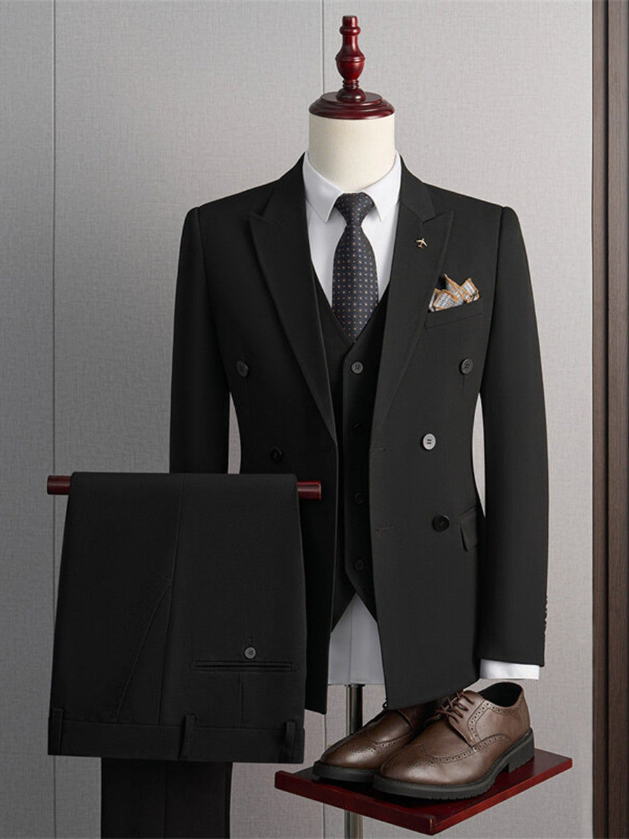 Tailored Fit Peaked Lapel Double Breasted Four-buttons 3 Pieces Men's Formal Suits Black