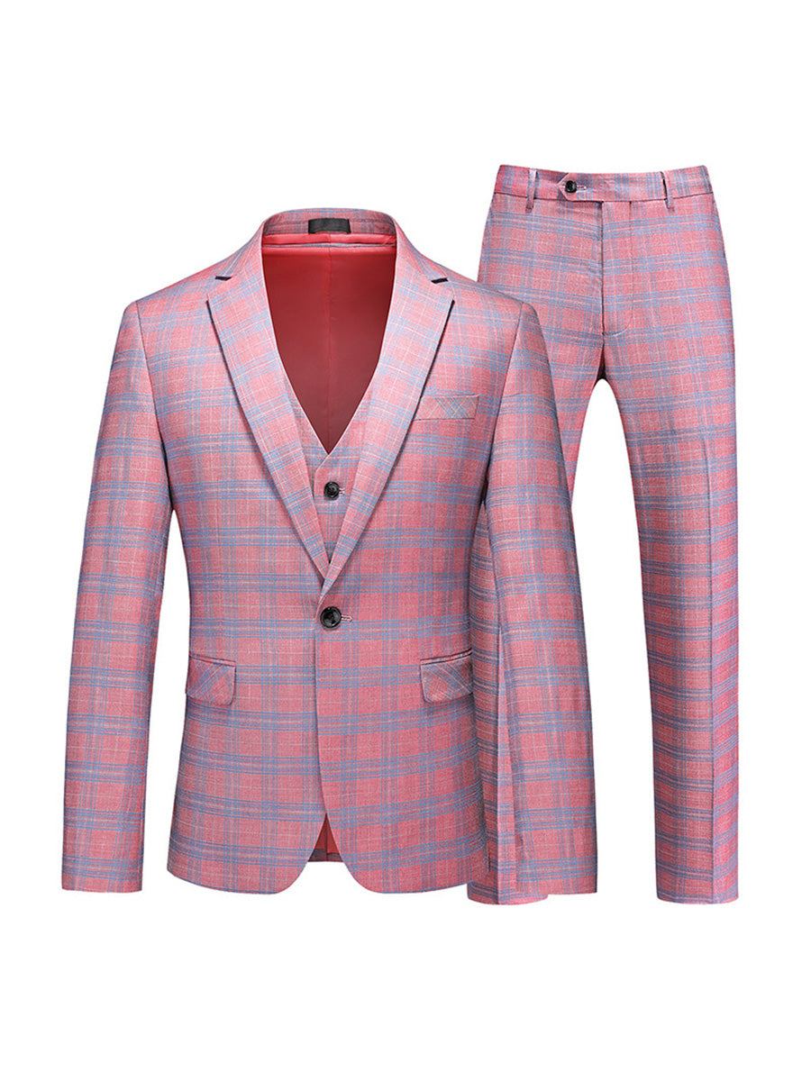 Tailored Fit Notched Lapel Single Breasted One-Button Grid 3 Piece Men's Party Suits Pink