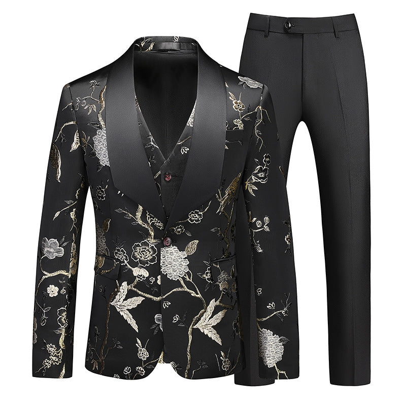 Tailored Fit Shawl Lapel Single Breasted One-Button Embroidery 3 Piece Men's Party Suits
