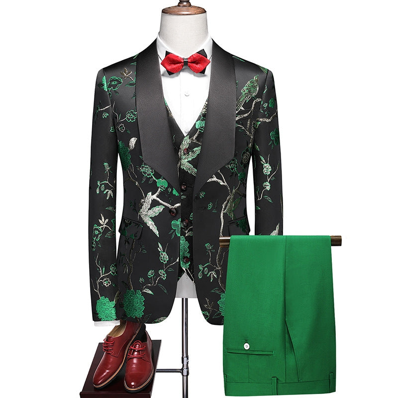 Tailored Fit Shawl Lapel Single Breasted One-Button Embroidery 3 Piece Men's Party Suits Green