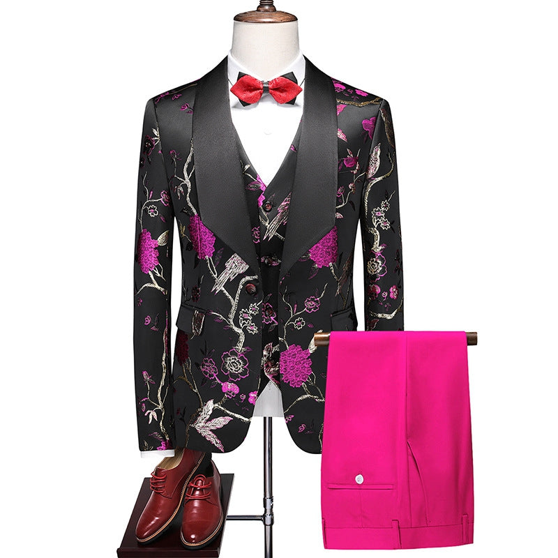 Tailored Fit Shawl Lapel Single Breasted One-Button Embroidery 3 Piece Men's Party Suits Hot Pink