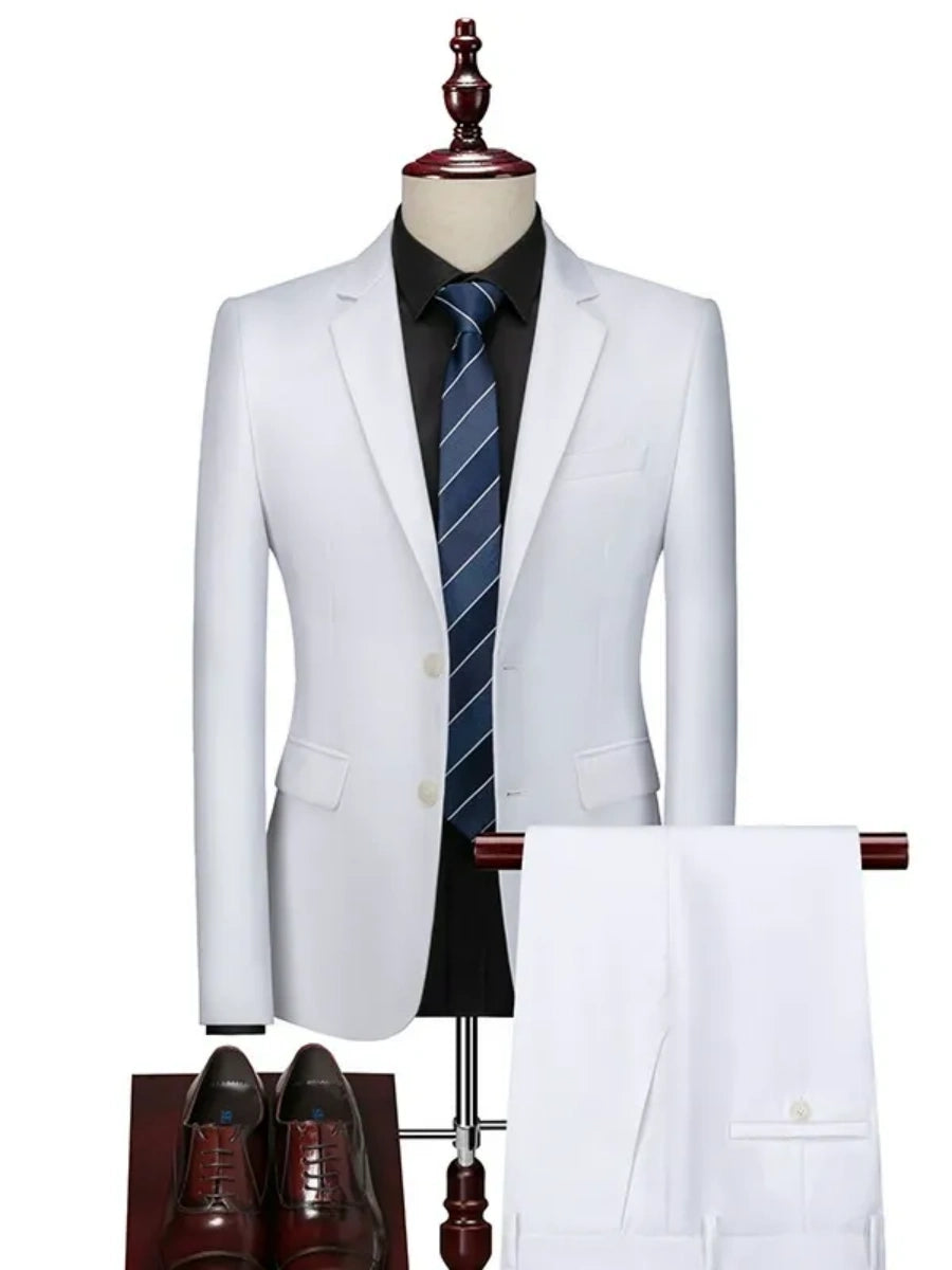 Tailored Fit Single Breasted Two-button 2 Pieces Solid Colored Men's Casual Suits White