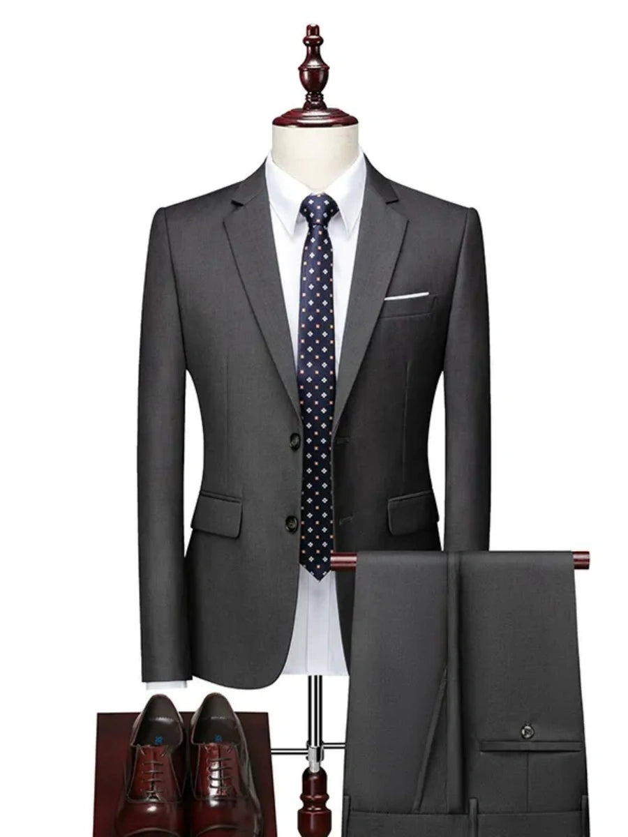 Tailored Fit Single Breasted Two-button 2 Pieces Solid Colored Men's Casual Suits Dark Gray