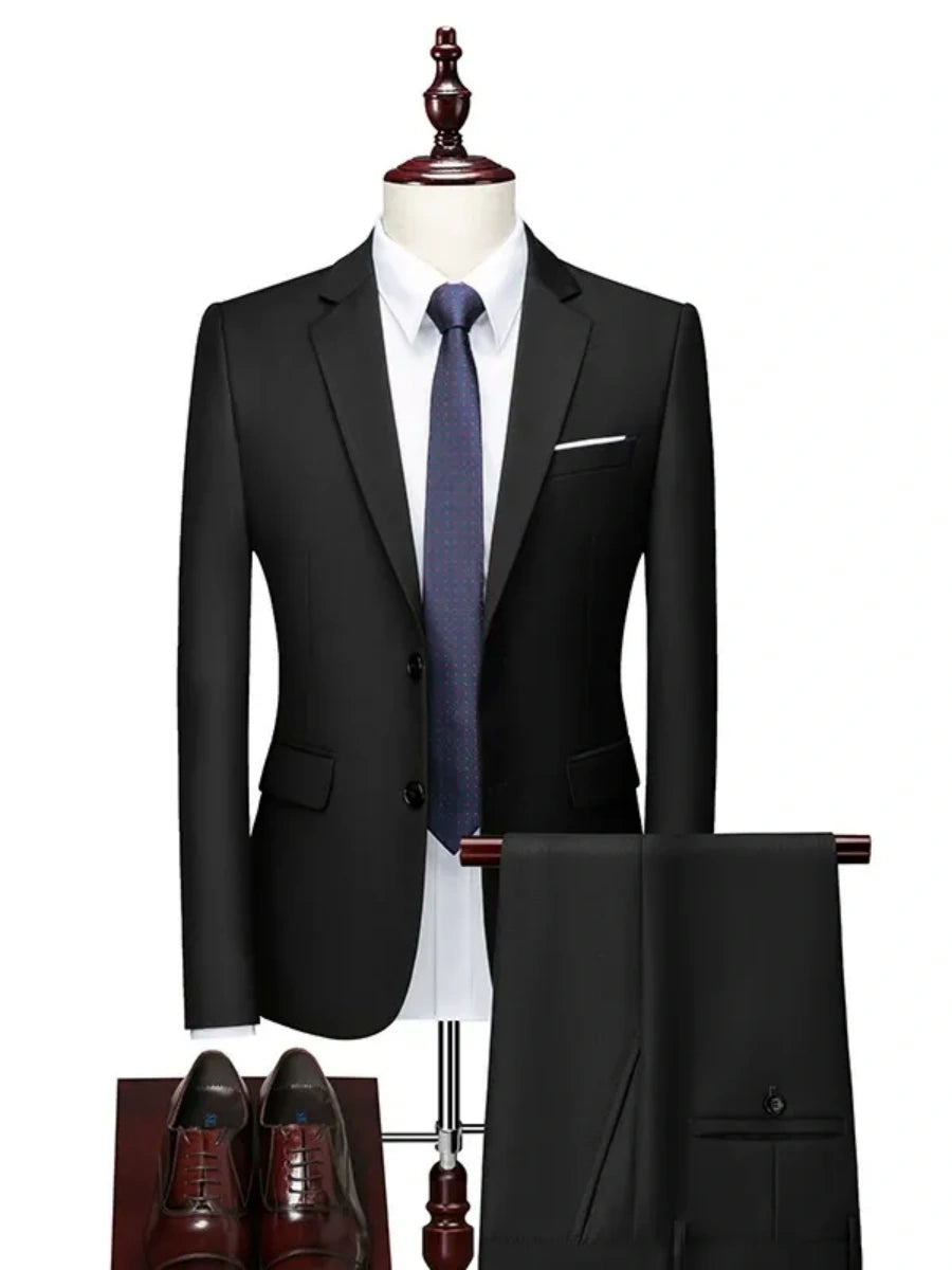Tailored Fit Single Breasted Two-button 2 Pieces Solid Colored Men's Casual Suits Black