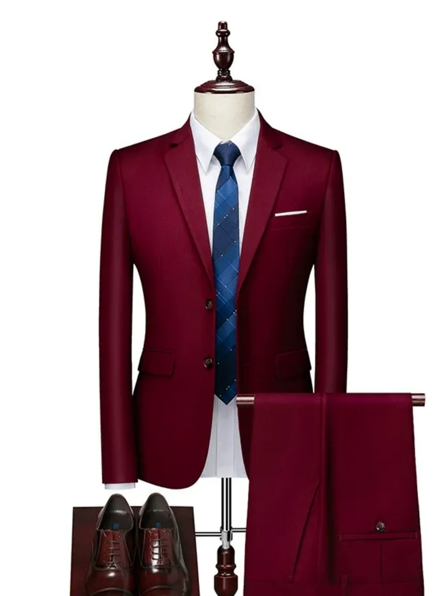 Tailored Fit Single Breasted Two-button 2 Pieces Solid Colored Men's Casual Suits Wine Red