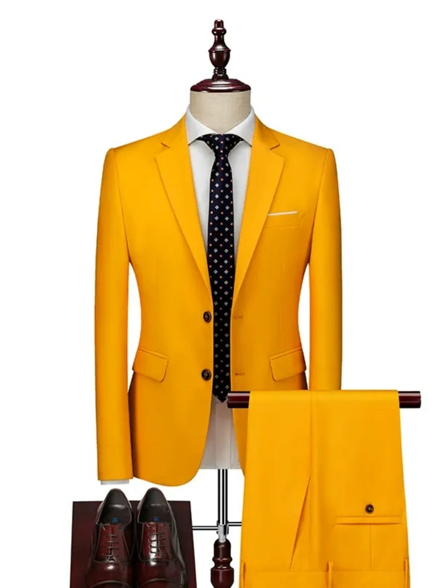 Tailored Fit Single Breasted Two-button 2 Pieces Solid Colored Men's Casual Suits Yellow