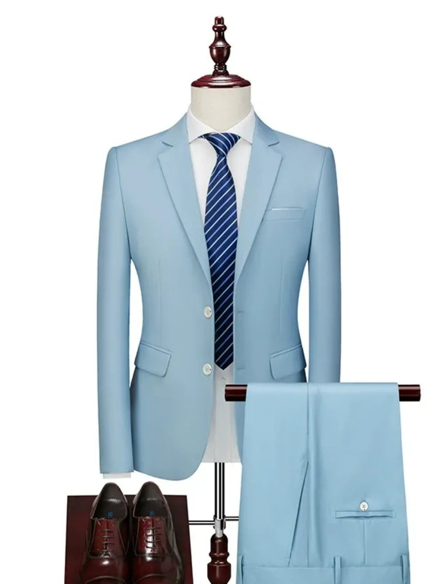 Tailored Fit Single Breasted Two-button 2 Pieces Solid Colored Men's Casual Suits Sky Blue