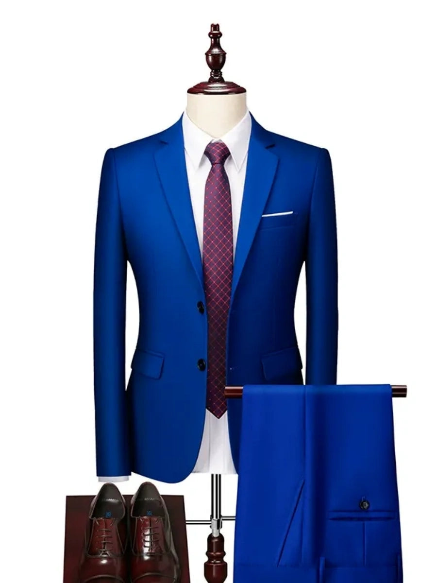 Tailored Fit Single Breasted Two-button 2 Pieces Solid Colored Men's Casual Suits Royal Blue