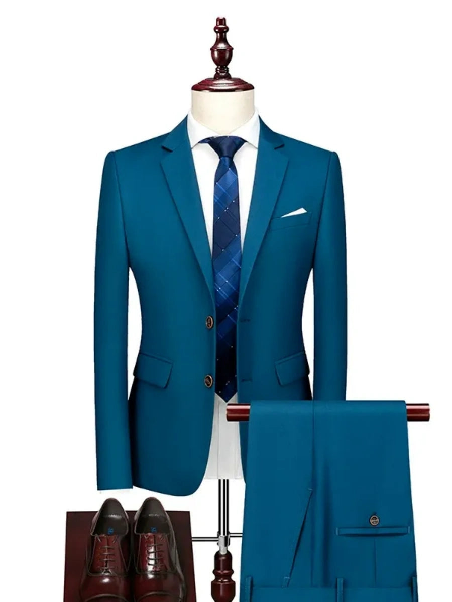 Tailored Fit Single Breasted Two-button 2 Pieces Solid Colored Men's Casual Suits Aqua