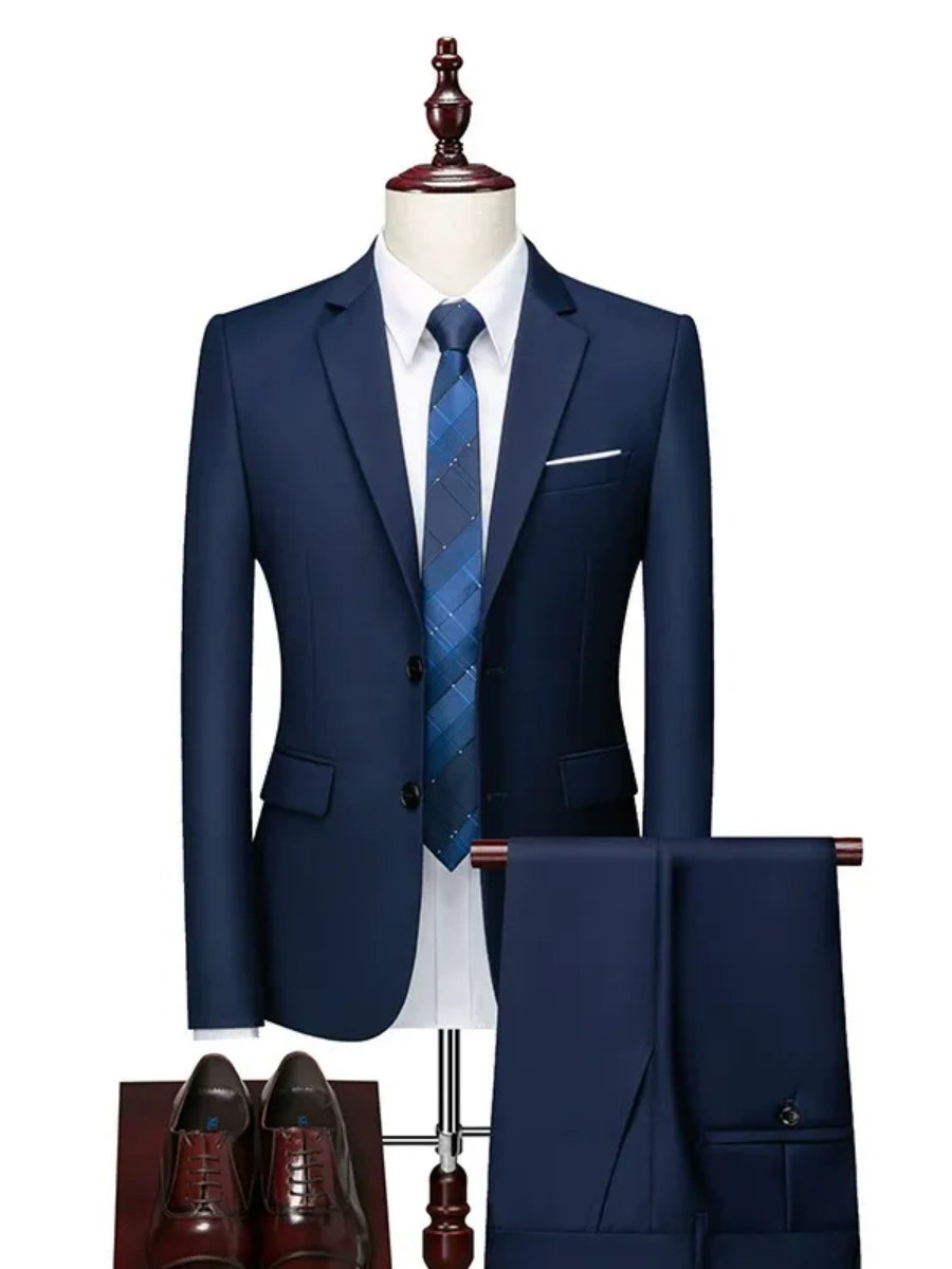 Tailored Fit Single Breasted Two-button 2 Pieces Solid Colored Men's Casual Suits Blue