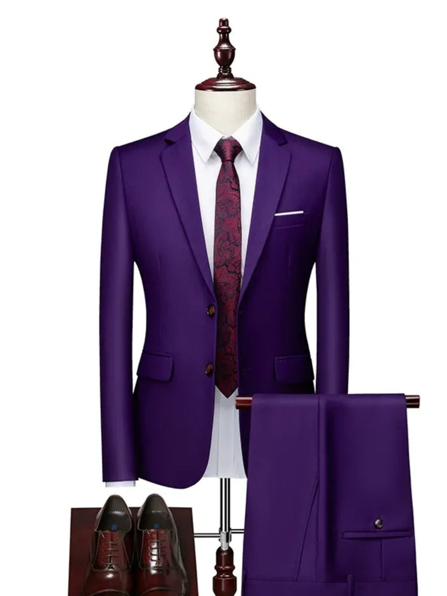 Tailored Fit Single Breasted Two-button 2 Pieces Solid Colored Men's Casual Suits Violet