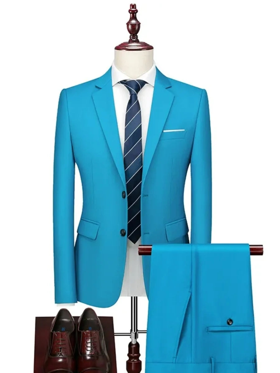 Tailored Fit Single Breasted Two-button 2 Pieces Solid Colored Men's Casual Suits Light Blue