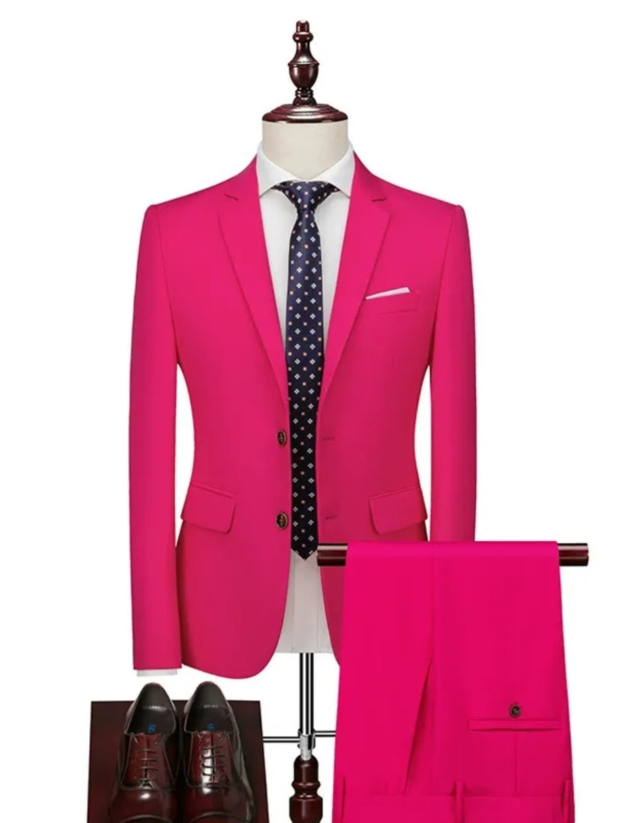 Tailored Fit Single Breasted Two-button 2 Pieces Solid Colored Men's Casual Suits Fuchsia